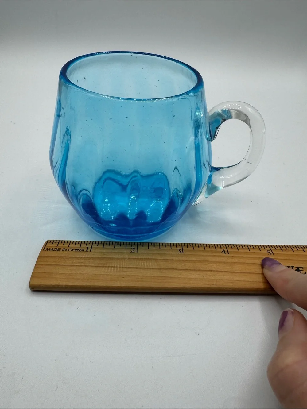Vintage Hand Blown Optic Blue Art Glass Mug With Clear Handle